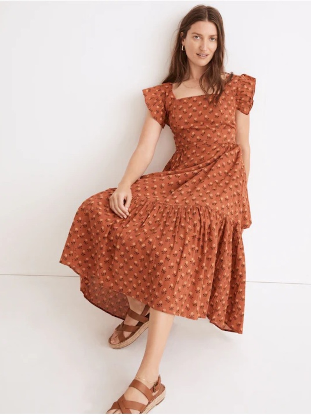 NWT Madewell Ruffle-Strap Tiered Midi Dress Wild Calendula Afterglow Red Floral